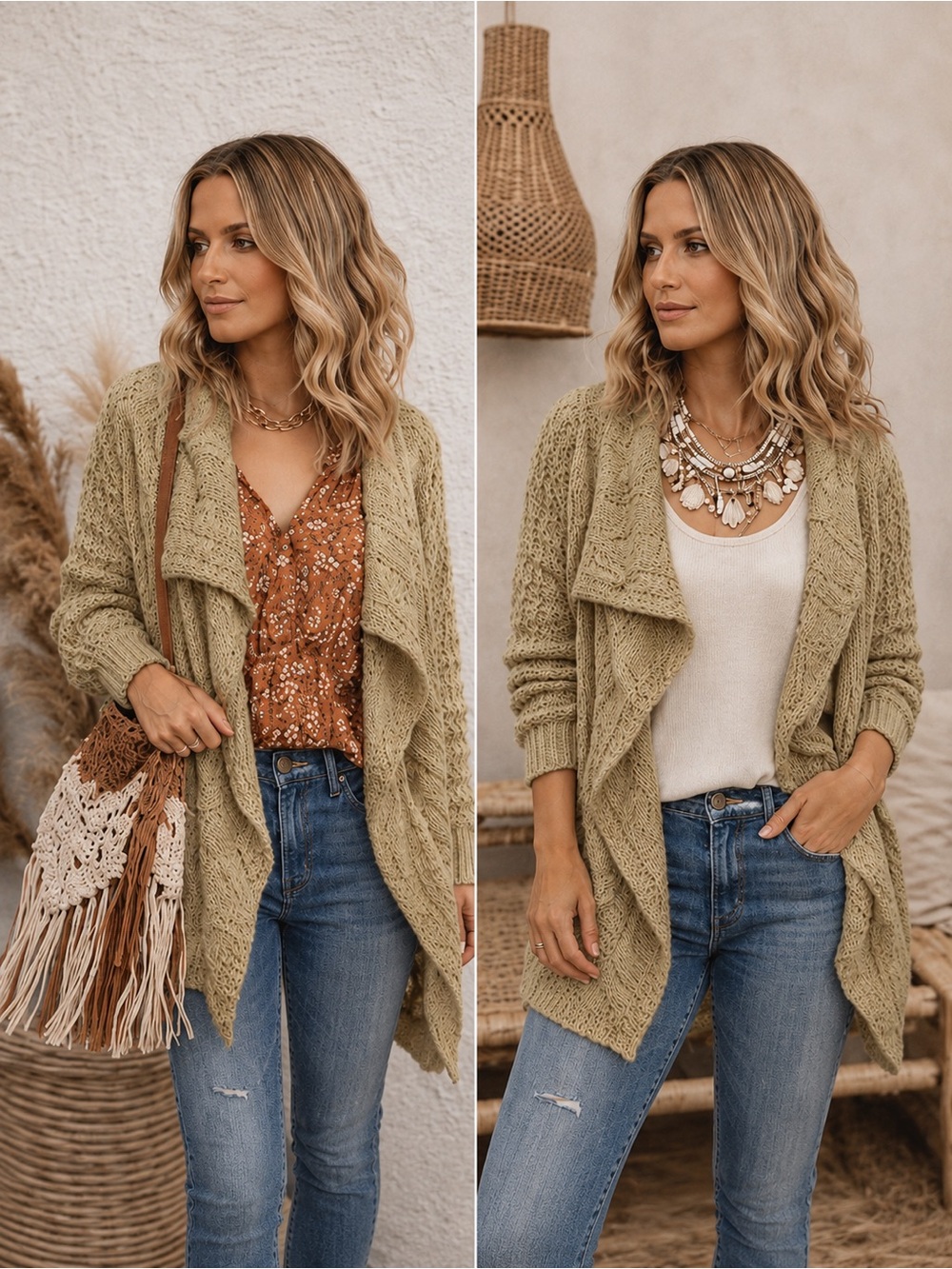 POL Beige Textured Shawl-Collar Chunky Open Front Cardigan